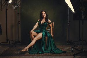 Las Vegas studio photography session for a luxury celebrity portrait of woman in green dress