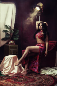 Studio fashion editorial photography in Las Vegas with smoke and set design