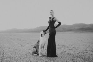 Las Vegas dry lakebed black and white portraits with family dog